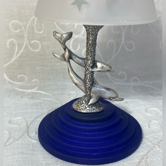 Vintage Dual Ocean Dolphin Tealight Holder Cobalt Blue MCM Glass Base - Picture 3 of 8